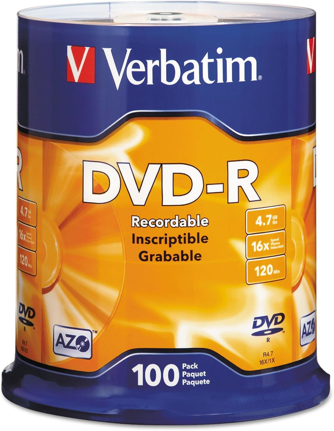 DVD-R Blank Discs AZO Dye 4.7GB 16X Recordable Disc - 100 Pack Spindle