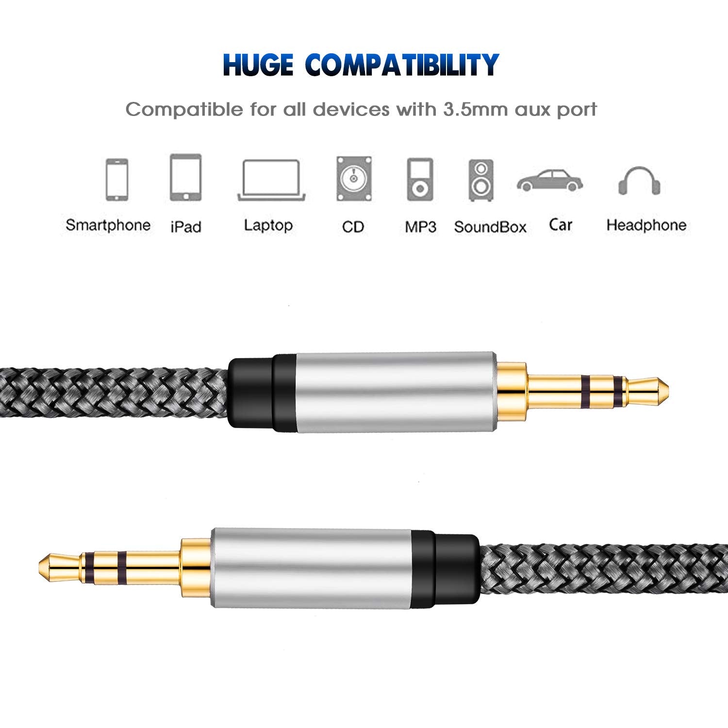 Aux Cable 15Ft, 3.5Mm Male to Male Auxiliary Audio Stereo Cord Compatible with Car,Headphones, Ipods, Iphones, Ipads,Tablets,Laptops,Android Smart Phones& More (15Ft/5M, Silver)