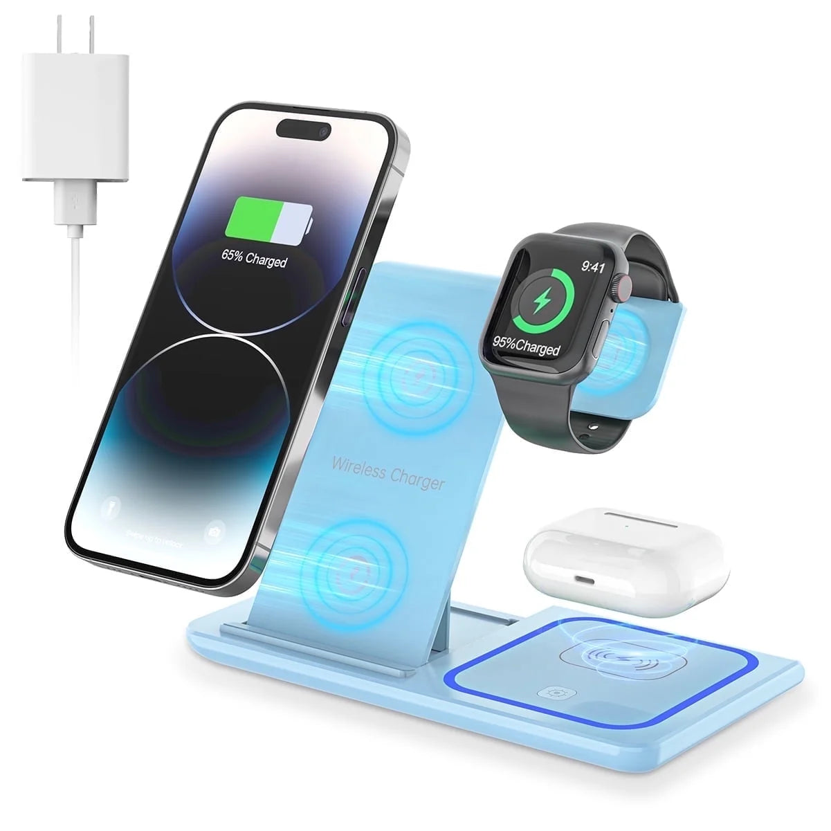 Wireless Charger for Multiple Devices, 18W 3 in 1 Wireless Iphone Charging Station for Iphone 15 14 13 12 11 Pro Max XS XR X 8 Plus, Watch 8 7 6 5 4 3 2 SE, Airpods 3 2 Pro (Blue)