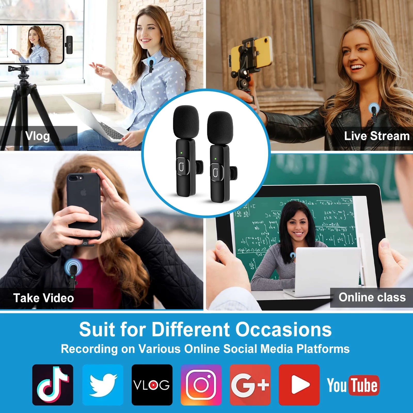 Dual Wireless Lavalier Microphone for Android Iphone Camera, Mini Mic Clip-On Lapel Microphone System for Youtube Vlog Live Streaming Video Recording