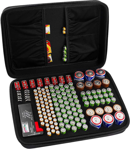 Hard Battery Organizer Storage Box, Carrying Case Bag Holder - Holds 148 Batteries AA AAA C D 9V - with Battery Tester BT-168 (Batteries Are Not Included)