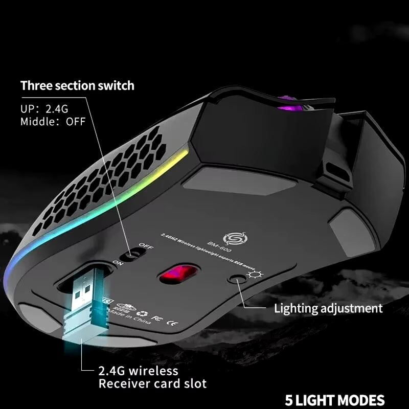 BM600 Rechargeable Gaming Mouse USB 2.4G Wireless RGB Light Honeycomb Gaming Mouse Desktop PC Computers Notebook Laptop Mice