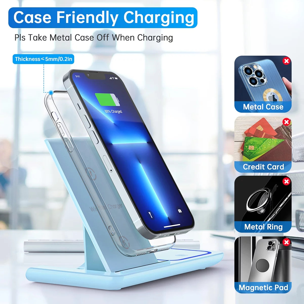 Wireless Charger for Multiple Devices, 18W 3 in 1 Wireless Iphone Charging Station for Iphone 15 14 13 12 11 Pro Max XS XR X 8 Plus, Watch 8 7 6 5 4 3 2 SE, Airpods 3 2 Pro (Blue)