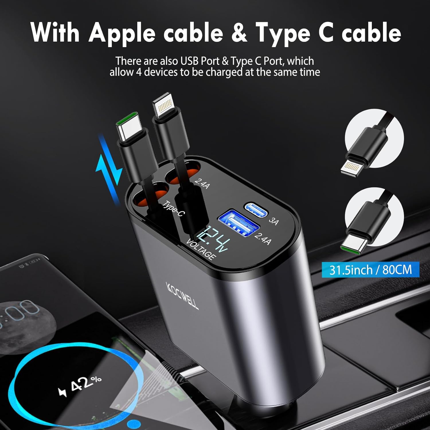 Retractable Car Charger,100W 4 in 1 Super Fast Charge Car Phone Charger,Retractable Cables (31.5 Inch) and 2 USB Ports Car Charger Adapter for Iphone 15/14/13/12 Pro Max Xr,Ipad,Samsung