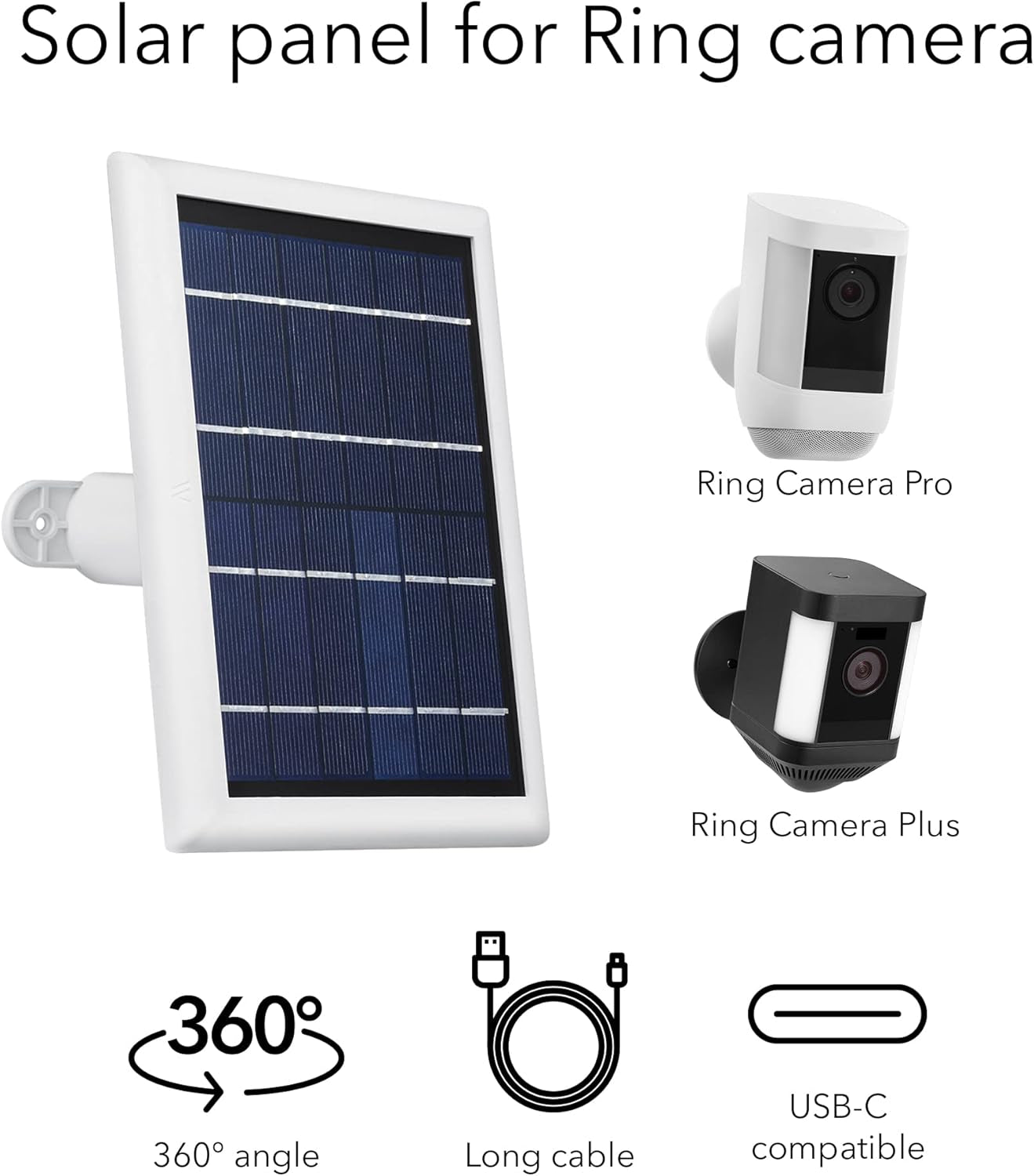 Solar Panel Compatible with Ring Spotlight Cam Plus/Pro/Battery, and Ring Stick up Cam Battery - Includes Barrel Plug with USB C Adapter - 2W 5V Charging (3 Pack, White)