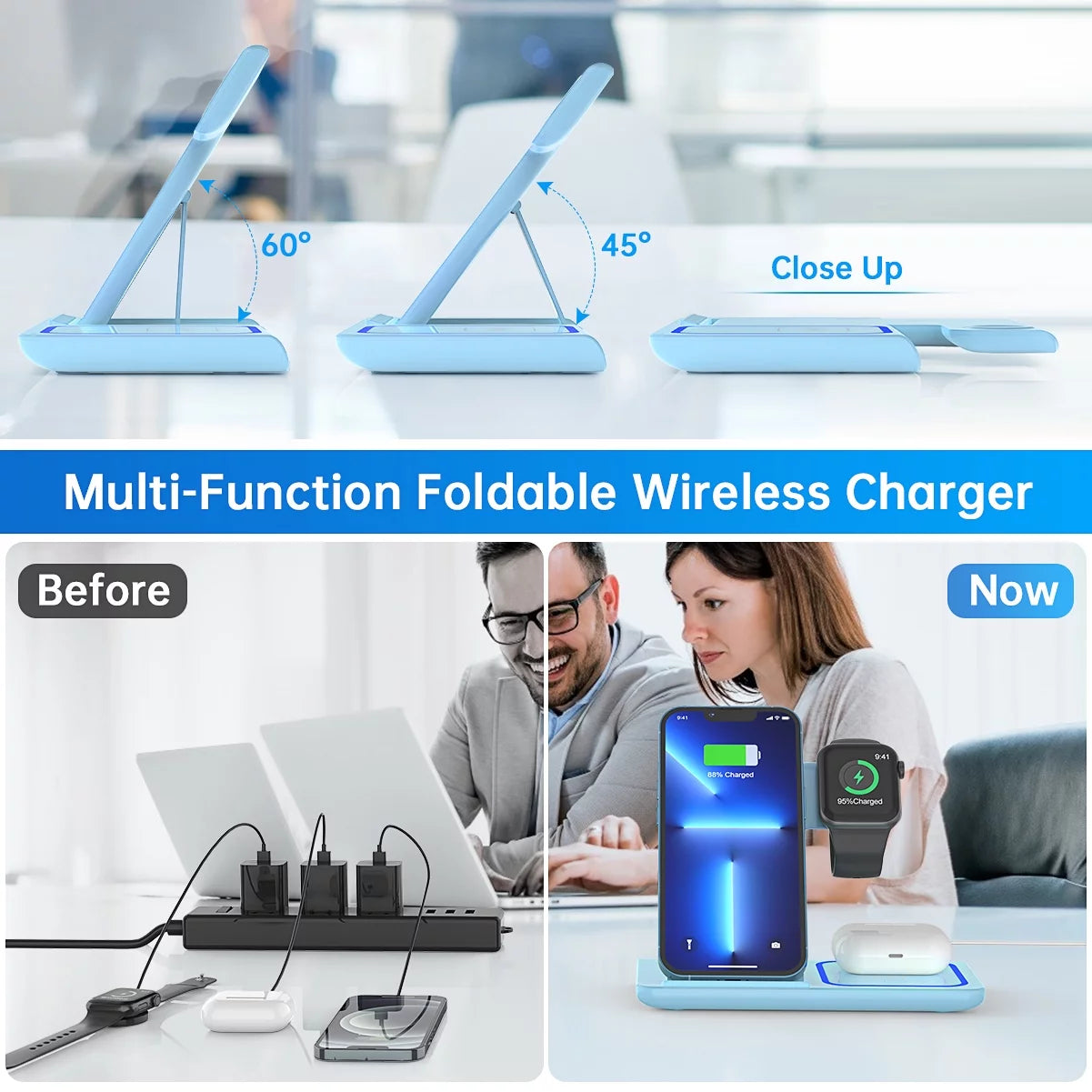 Wireless Charger for Multiple Devices, 18W 3 in 1 Wireless Iphone Charging Station for Iphone 15 14 13 12 11 Pro Max XS XR X 8 Plus, Watch 8 7 6 5 4 3 2 SE, Airpods 3 2 Pro (Blue)