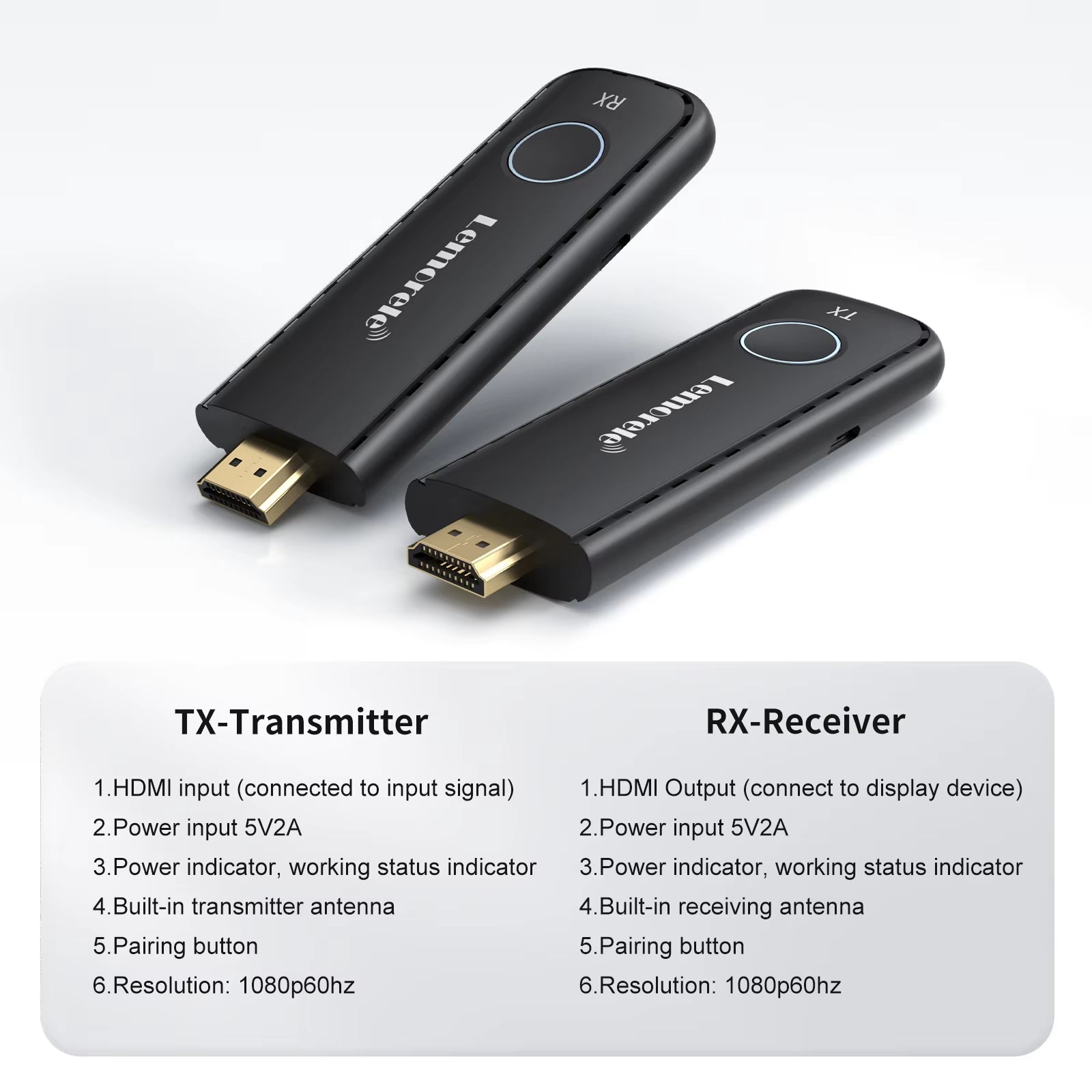 Lemorele 50M Hdmi Wireless Transmitter and Receiver Multiple to 1 Display Dongle for Camera Laptop PC to TV Monitor Projector