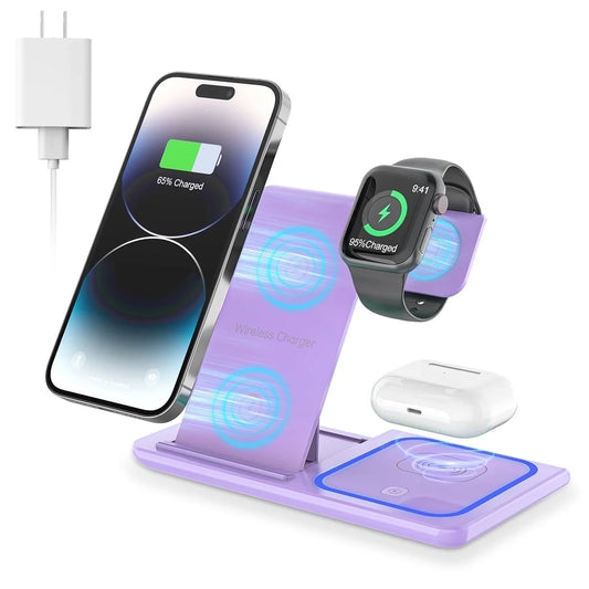 Wireless Charging Station, 3 in 1 Wireless Charger for Iphone 15/14/13/12/11/Pro/Pro Max/Xs, Sumsung Galaxy S23 S22 S21, 18W Charging Dock for Iwatch 8/7/6/5/4/3, Airpods 3/2/Pro with Adapter(Purple)