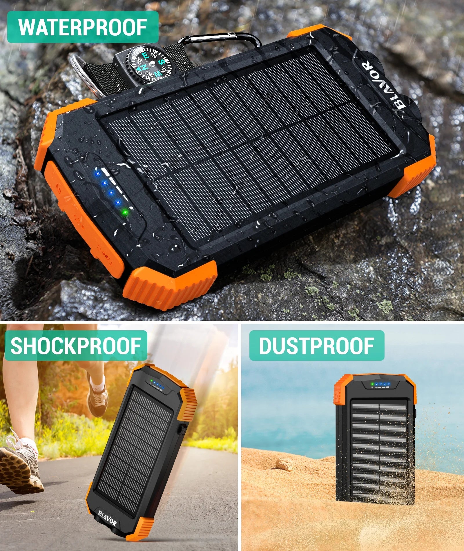 10000Mah Solar Power Bank Battery Pack, Waterproof Qi Wireless Solar Charger for Cell Phone