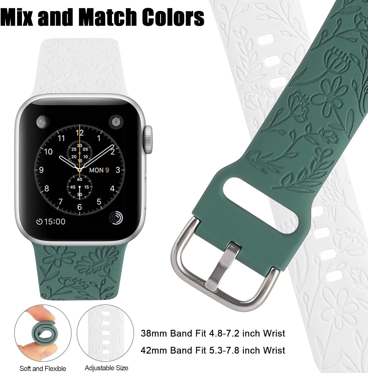 2 Pack Flower Engraved Sport Strap Compatible with Apple Watch Bands 38Mm 40Mm 41Mm, Women Floral Laser Soft Silicone Wristband Replacement Iwatch Series 8 7 6 5 4 3 2 1 SE