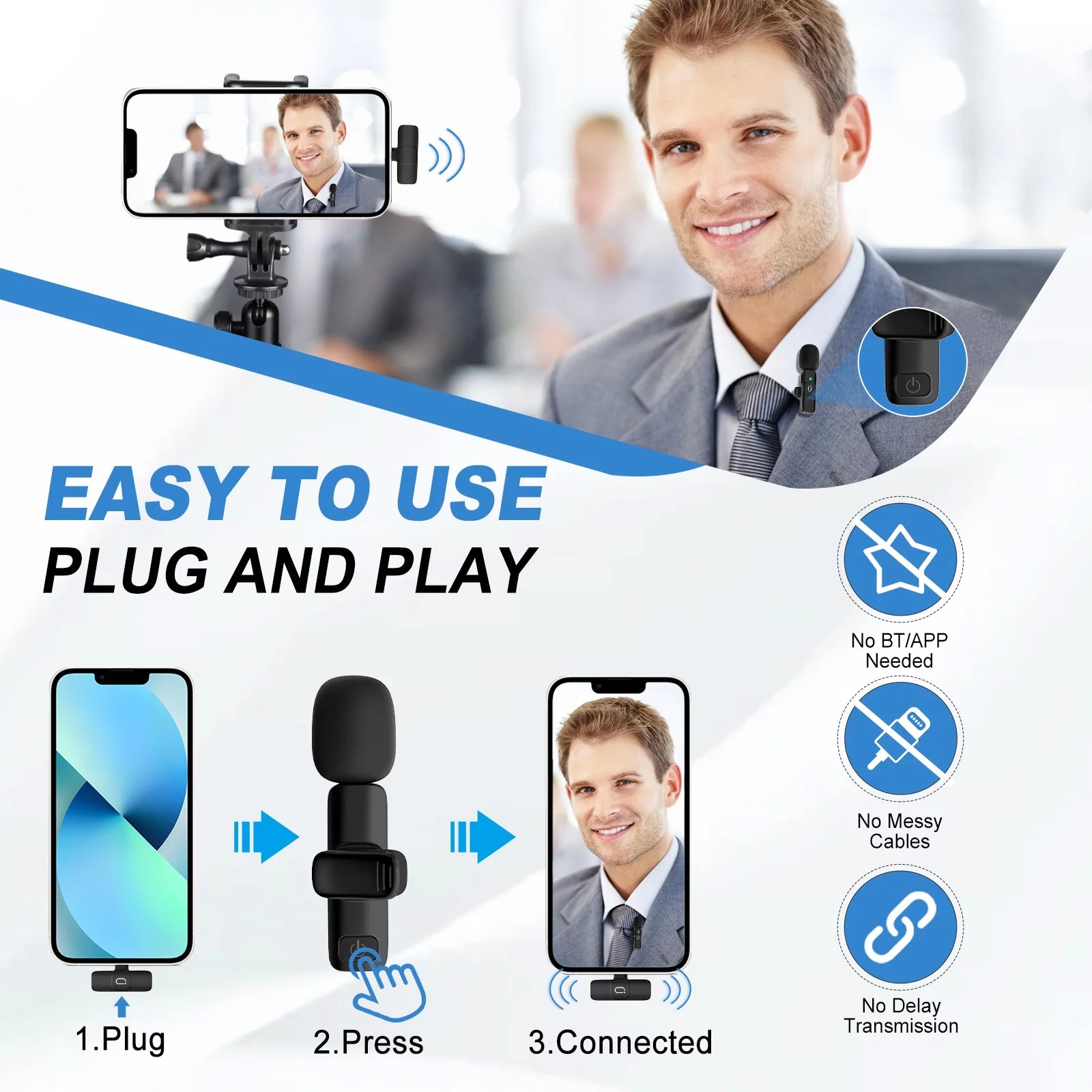 Dual Wireless Lavalier Microphone for Android Iphone Camera, Mini Mic Clip-On Lapel Microphone System for Youtube Vlog Live Streaming Video Recording