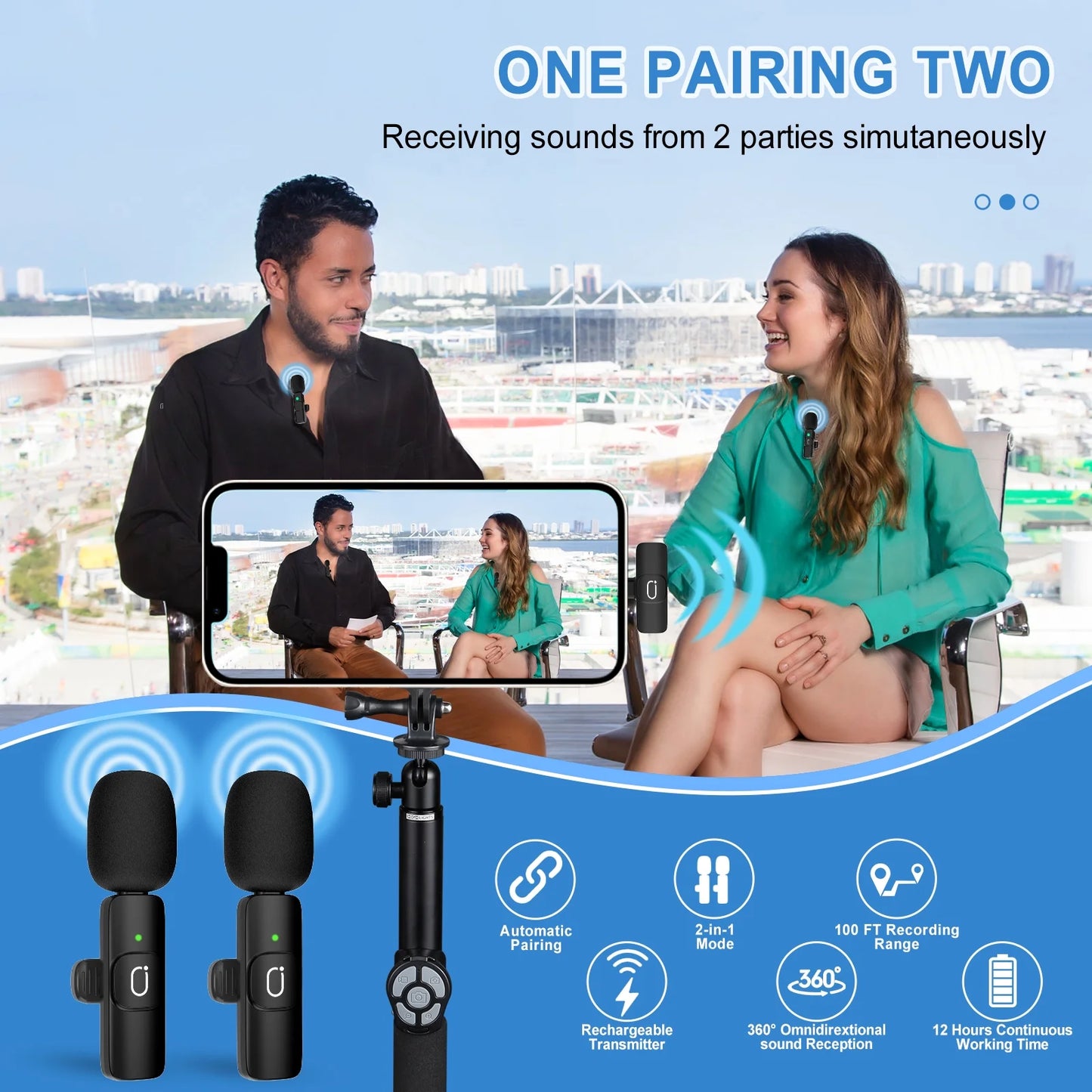 Dual Wireless Lavalier Microphone for Android Iphone Camera, Mini Mic Clip-On Lapel Microphone System for Youtube Vlog Live Streaming Video Recording