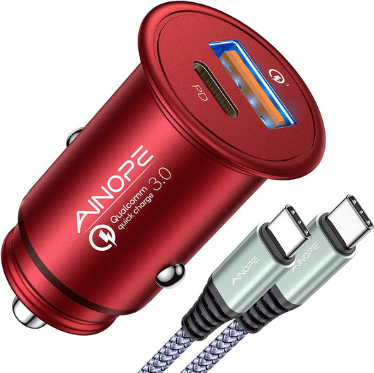 USB C Car Charger Super Mini  All Metal 36W Fast USB Car Charger PD&QC 3.0 Dual Port Car Adapter Compatible with Iphone 12/12 Pro/Max/12 Mini/Iphone 11/Pro/Max/Xr/Xs/Max/8, Galaxy S21/20/10-Red