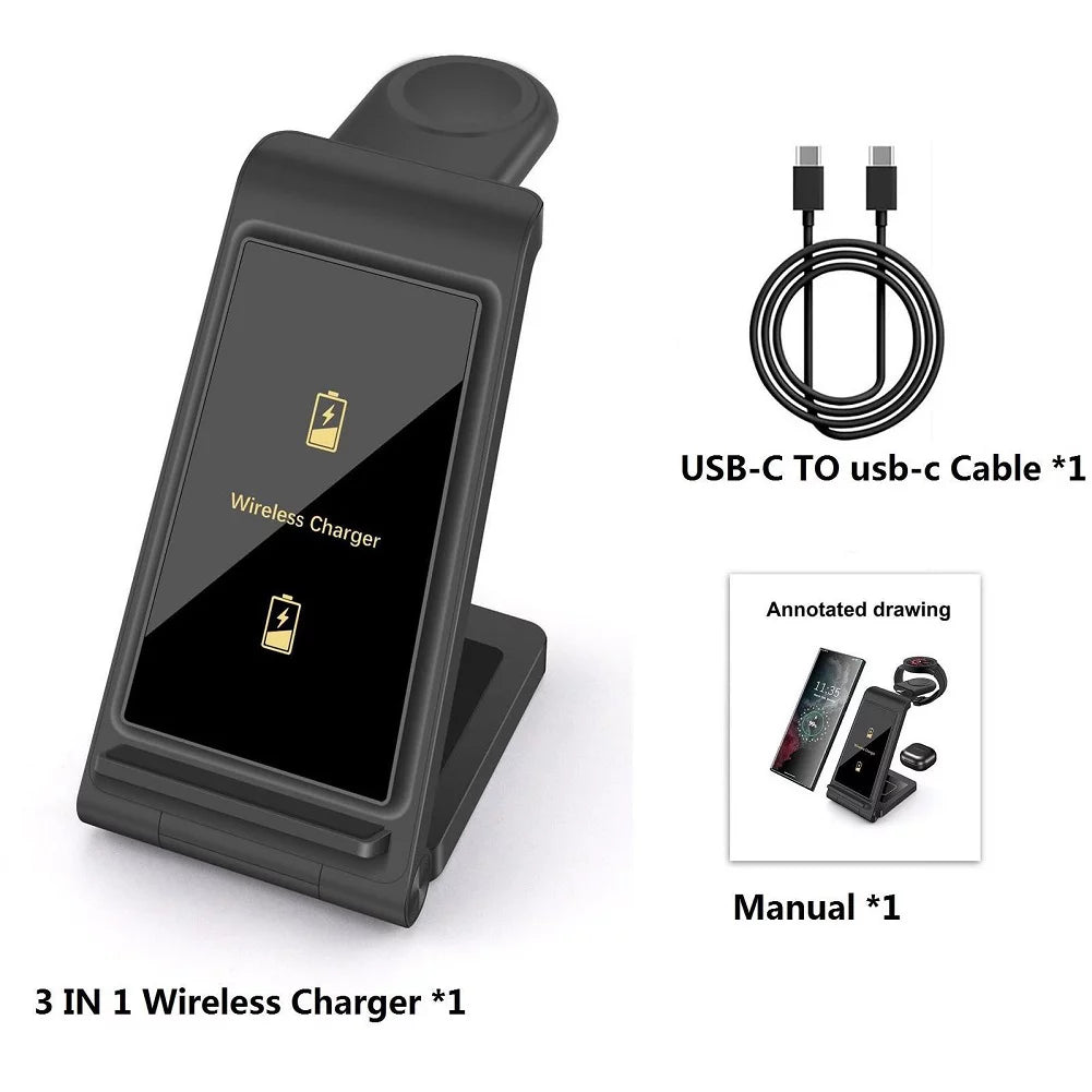 3 in 1 Wireless Charger, 15W Wireless Charging Stand Station Foldable Fast for Samsung Galaxy /Note, Galaxy Watch5/4/3,Active 2/1, Galaxy Buds (Black- for Samsung)